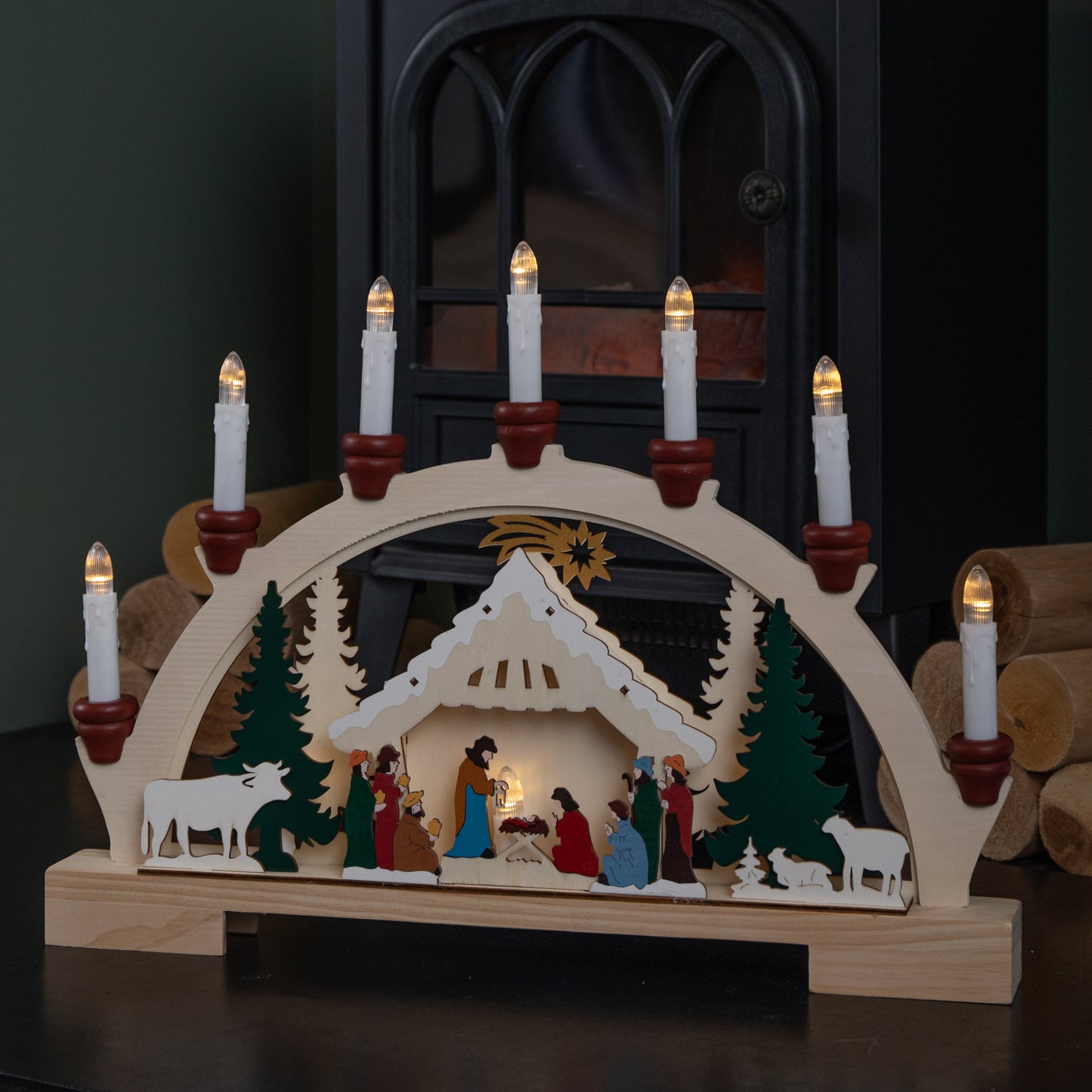 33cm Battery Operated Wooden Christmas Candle Bridge with Nativity Scene and LEDs