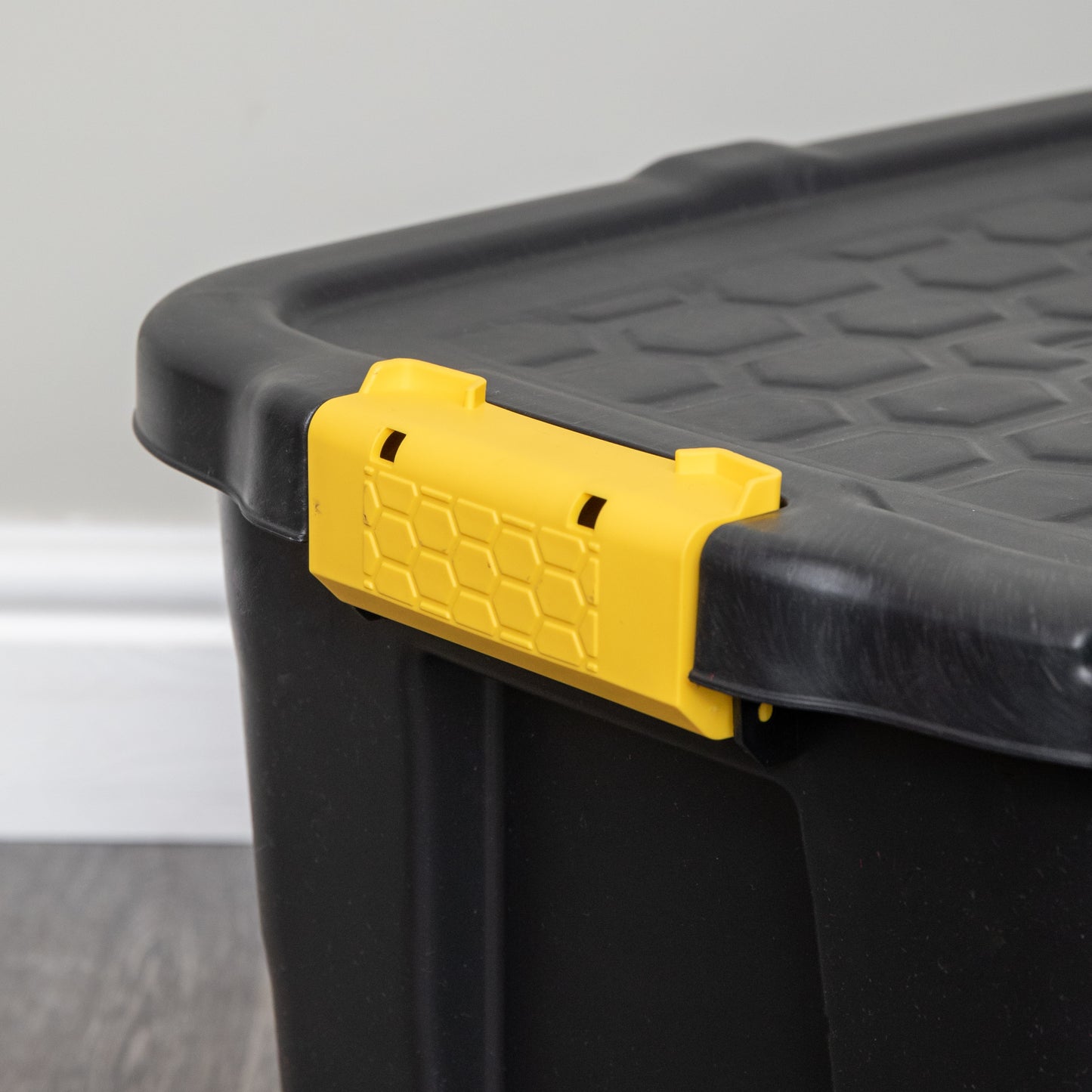 4 x 42L Heavy Duty Storage Tubs Sturdy, Lockable, Stackable and Nestable Design Storage Chests with Clips in Black