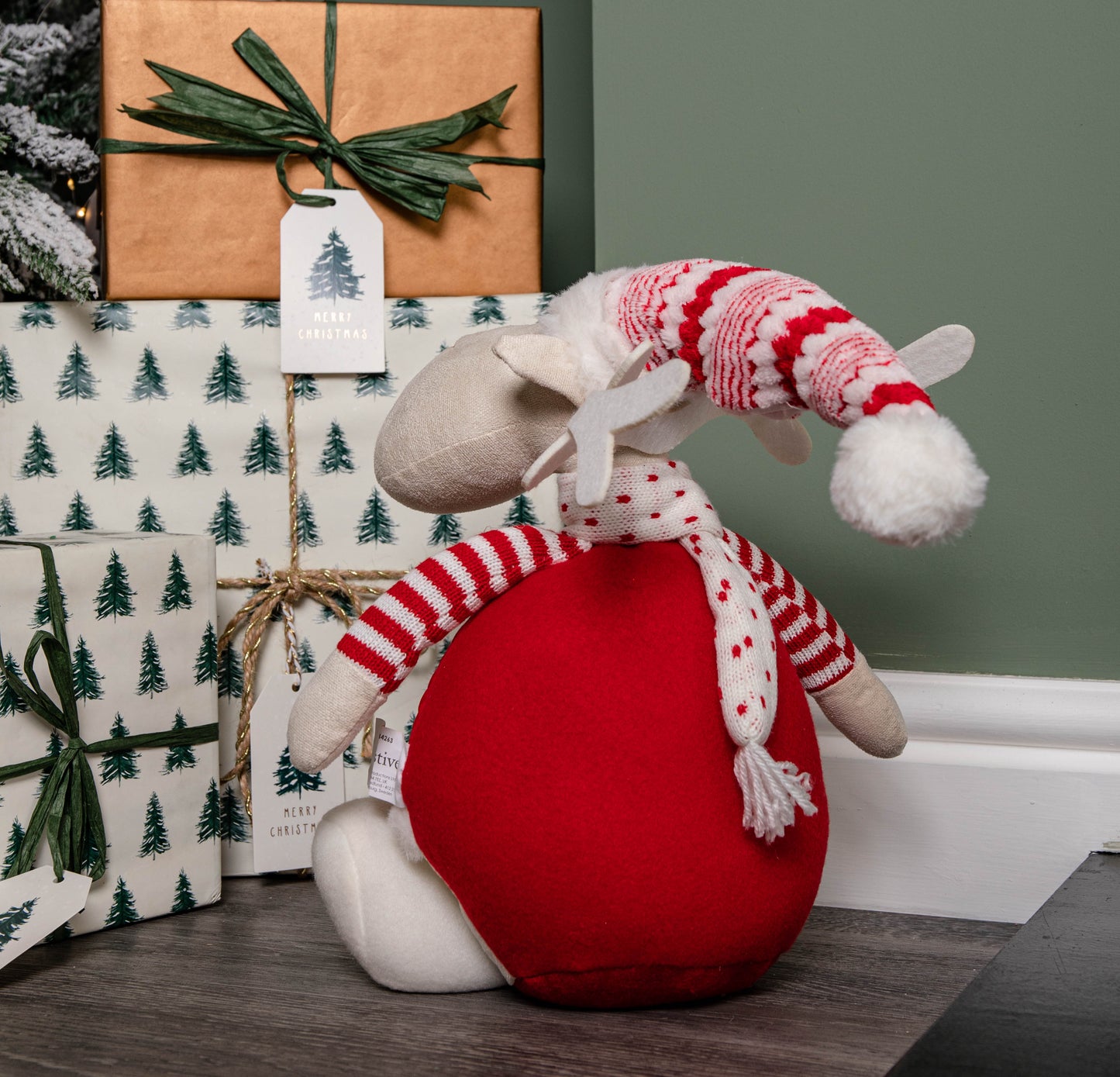 40cm Battery Operated Light up Sitting Christmas Reindeer in Red & White Jumper