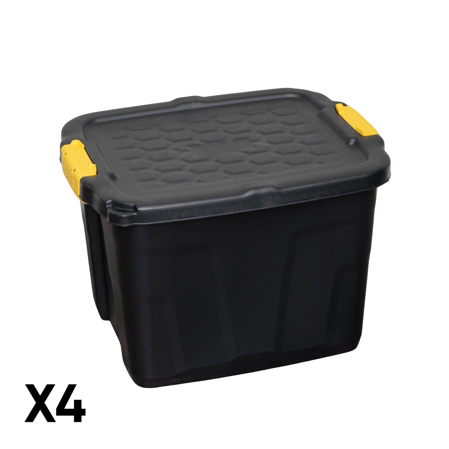 4 x 42L Heavy Duty Storage Tubs Sturdy, Lockable, Stackable and Nestable Design Storage Chests with Clips in Black