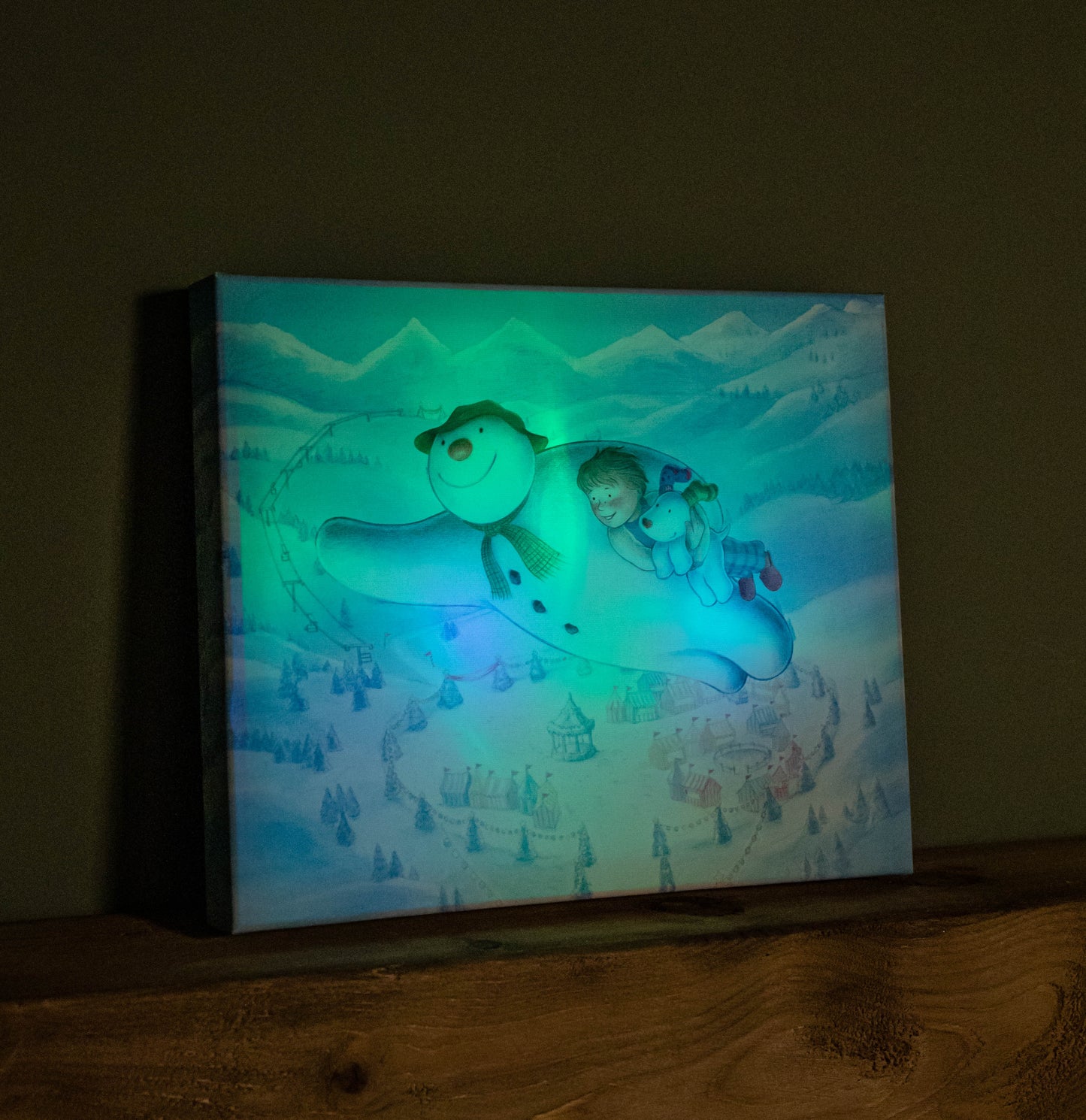 Battery Operated 25x30cm Colour Change LED Snowman Billy & Snowdog Flying Canvas Wall Art