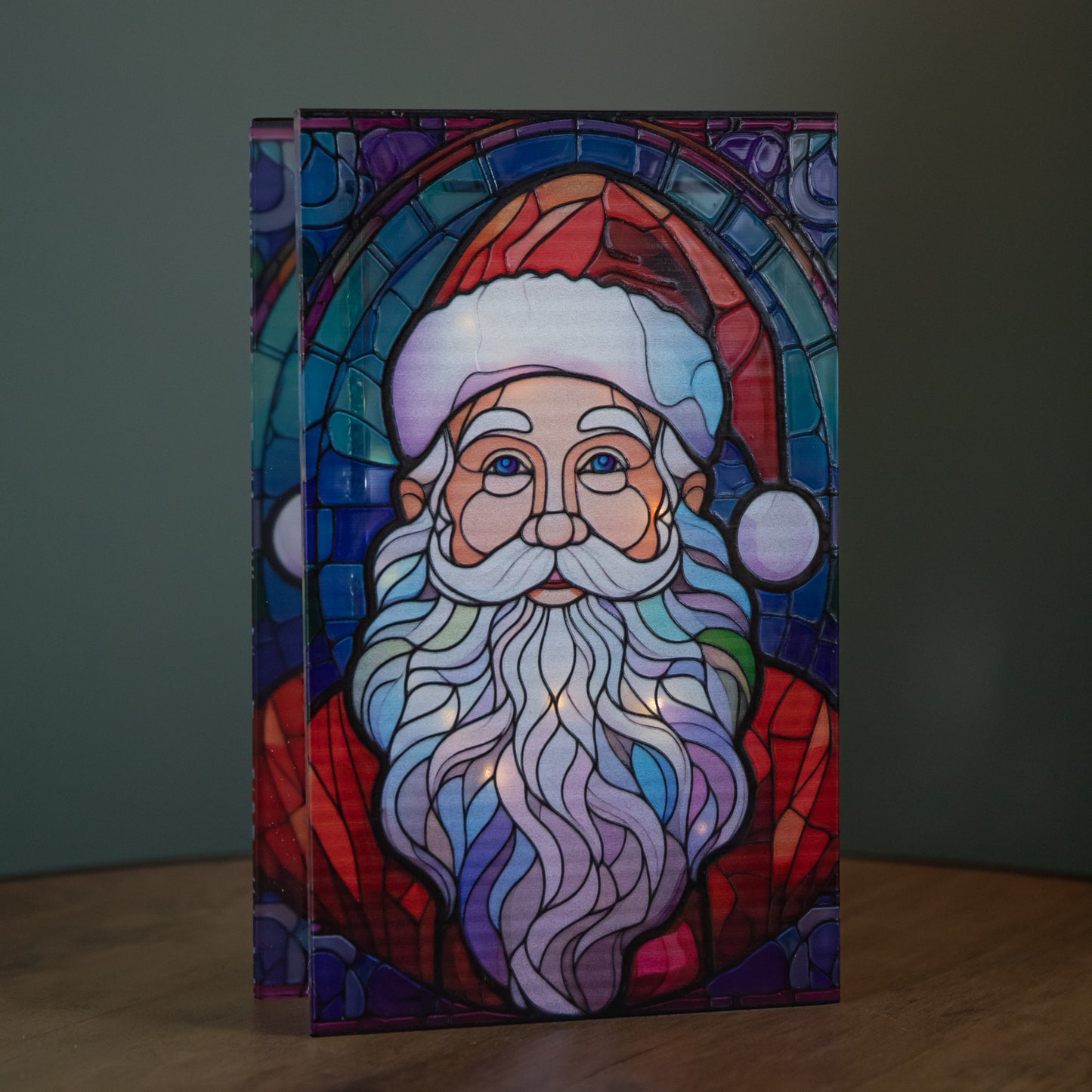 21cm Battery Operated Light up Double Sided Stained Glass Santa Decoration with LEDs