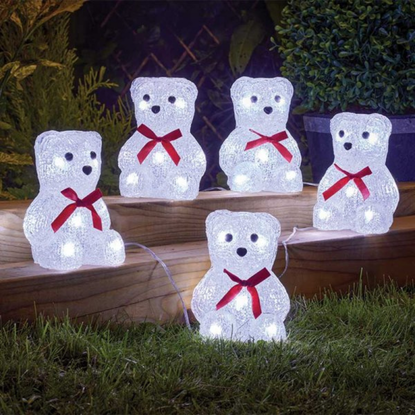 12cm Set of 5 Battery Operated Light up Christmas Polar Bears Ornaments with 40 Cool White LEDs