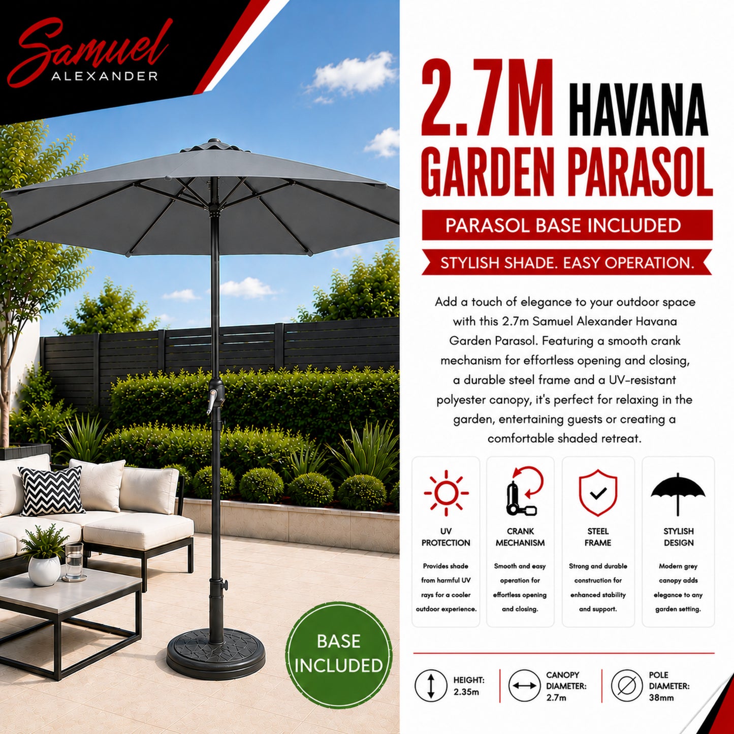 2.7m Havana Garden Patio Parasol with Crank Handle in Grey with 9kg Base Included