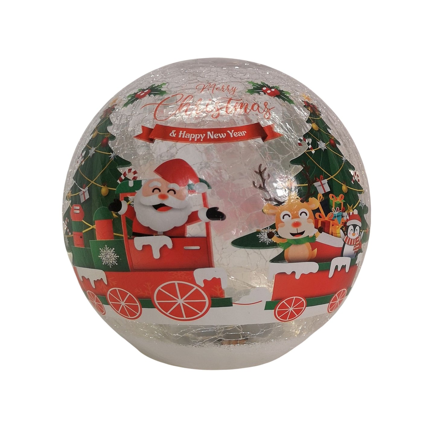 15cm Battery Operated Twinkling Warm White LED Crackle Effect Ball Christmas Decoration with Santa and Friends in Train