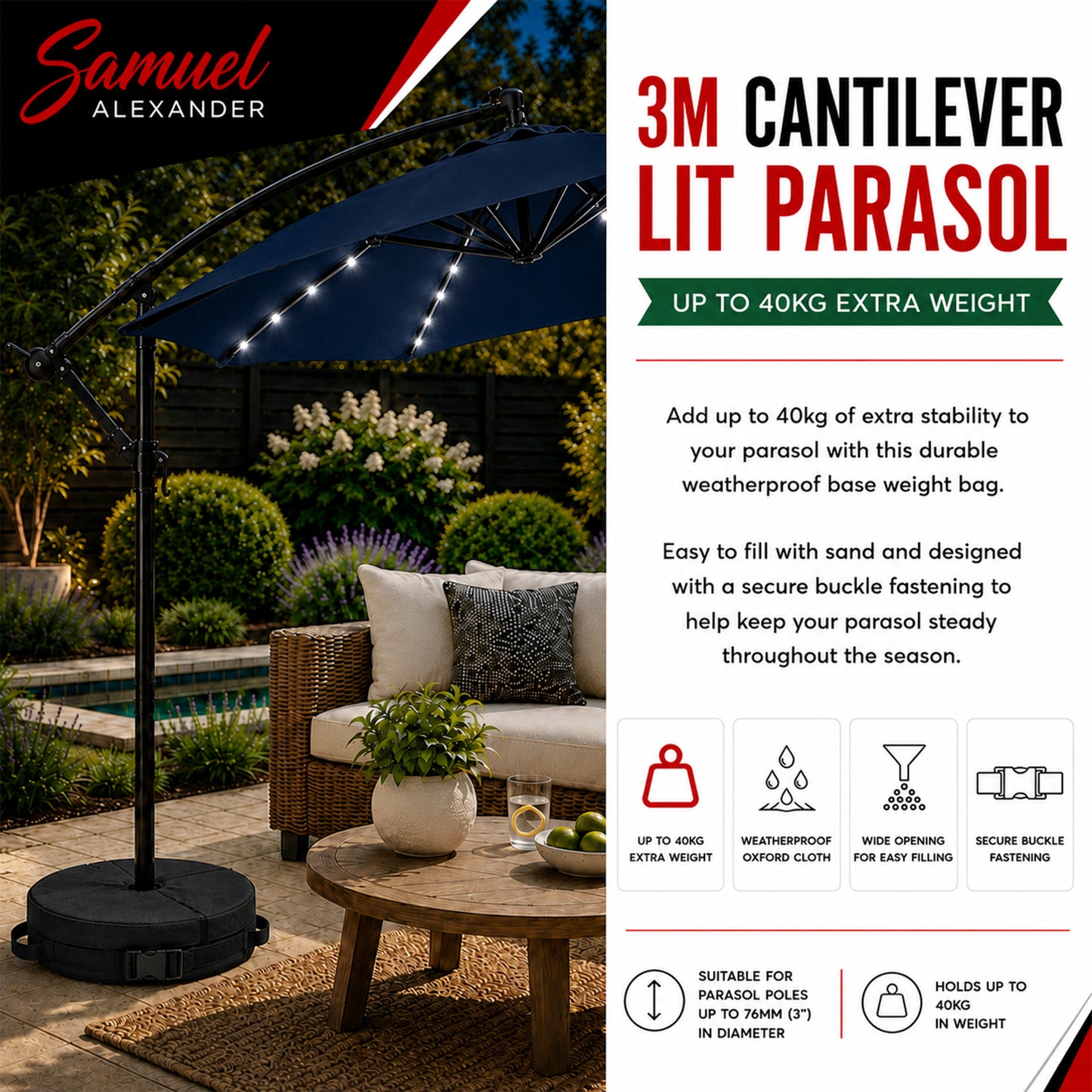 3m Solar Powered Cantilever Lit Banana Garden Parasol with Crank Handle & White LED Lights in Blue with Base Bag Included
