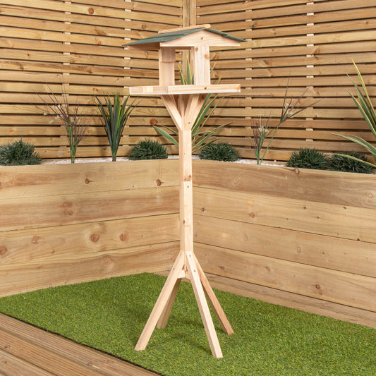 1.16m Traditional Wooden Garden Bird Seed Feeder Table with Green Roof 2890