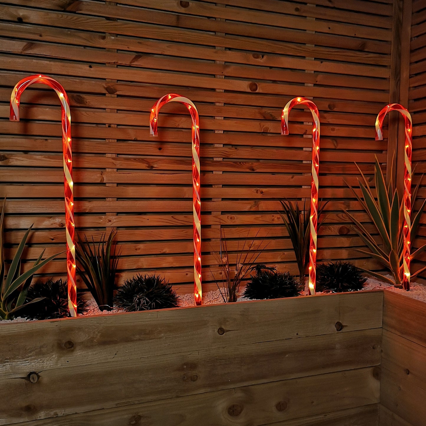 Set of 4 Large Light up Red & White Stripe Christmas Candy Cane Garden Stakes with LEDs