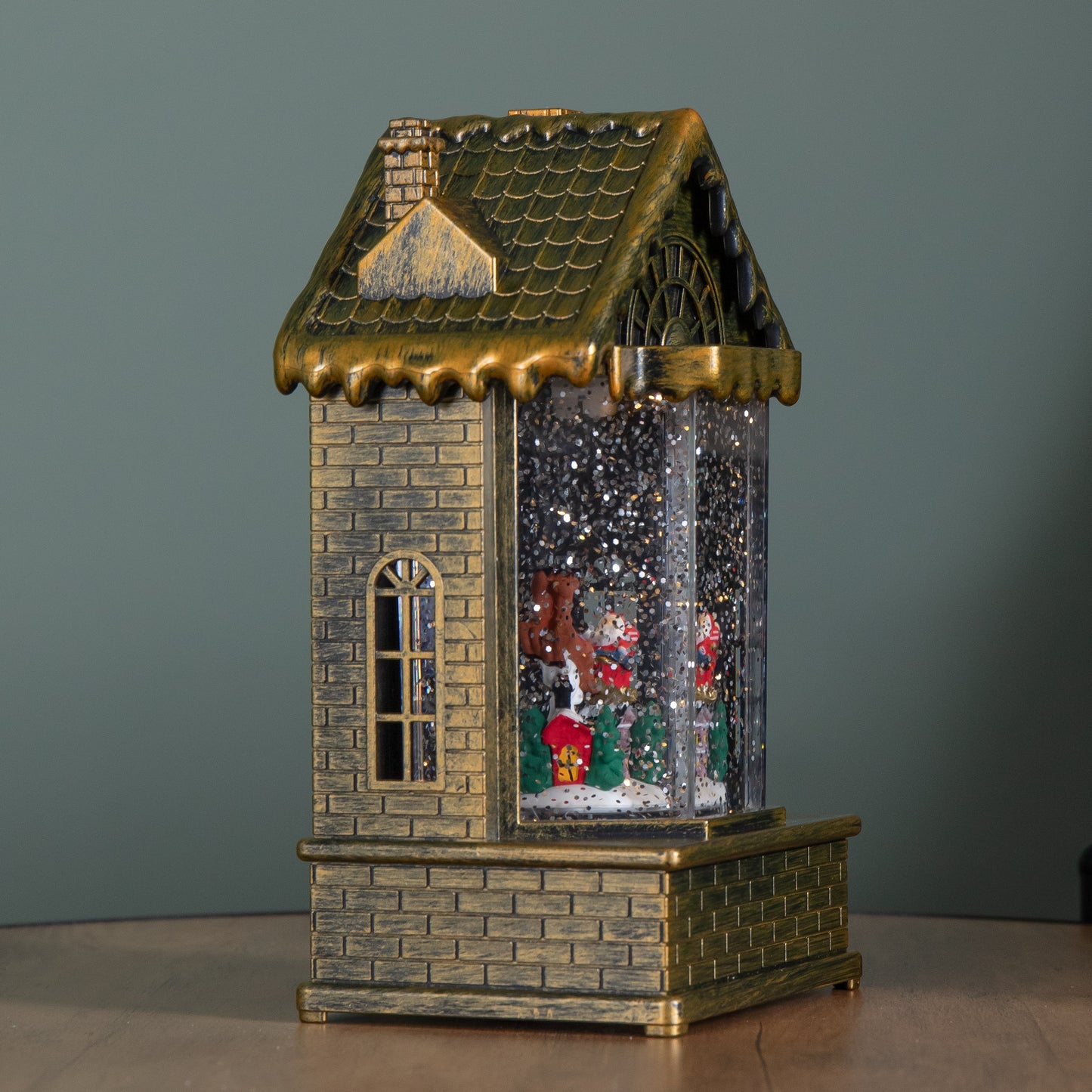 20cm Dual Powered Light up Christmas House Water Spinner with Santa in Sleigh Scene and LEDs