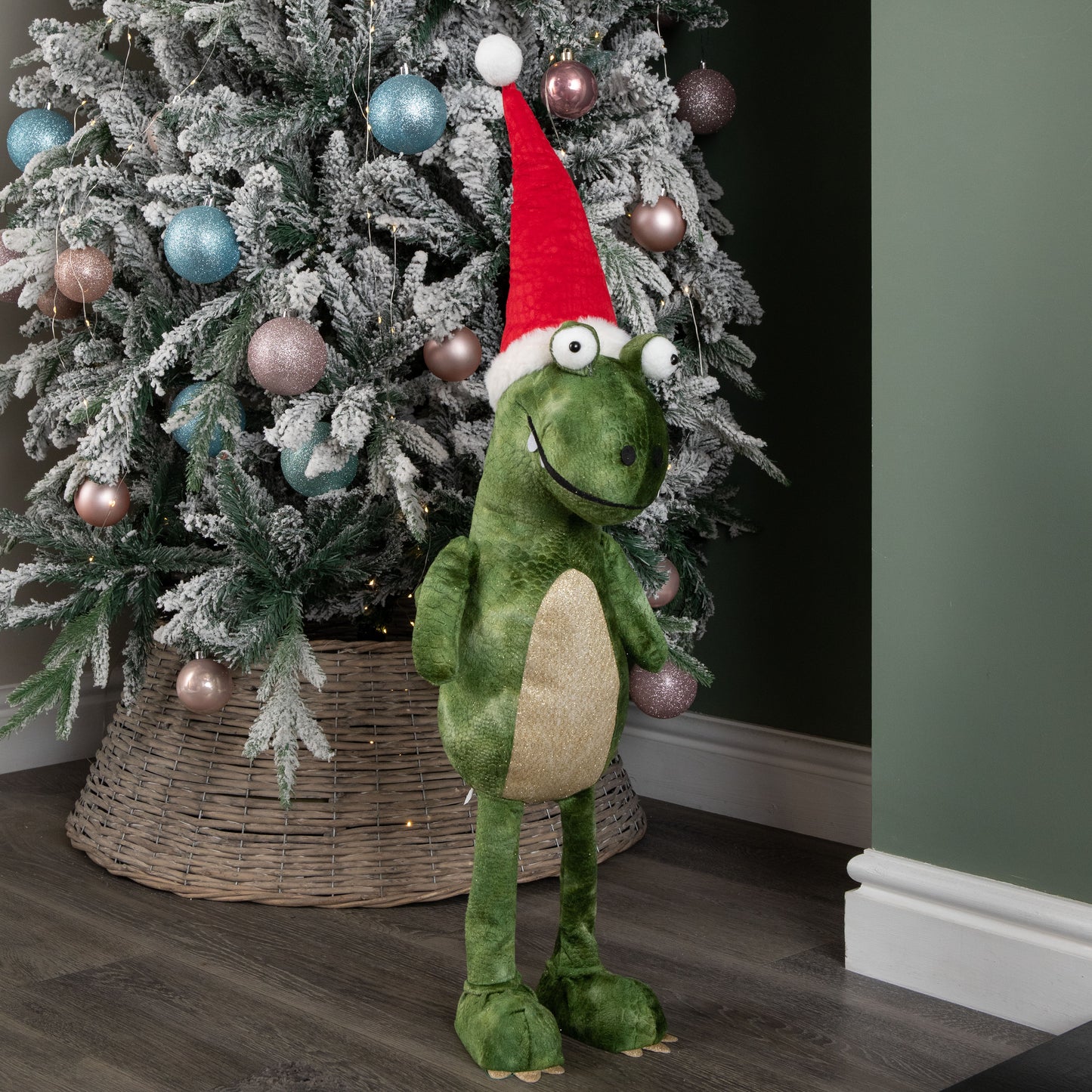 85cm Tall Green Plush Big Lizard Dino Standing Christmas Decoration with Santa Hat