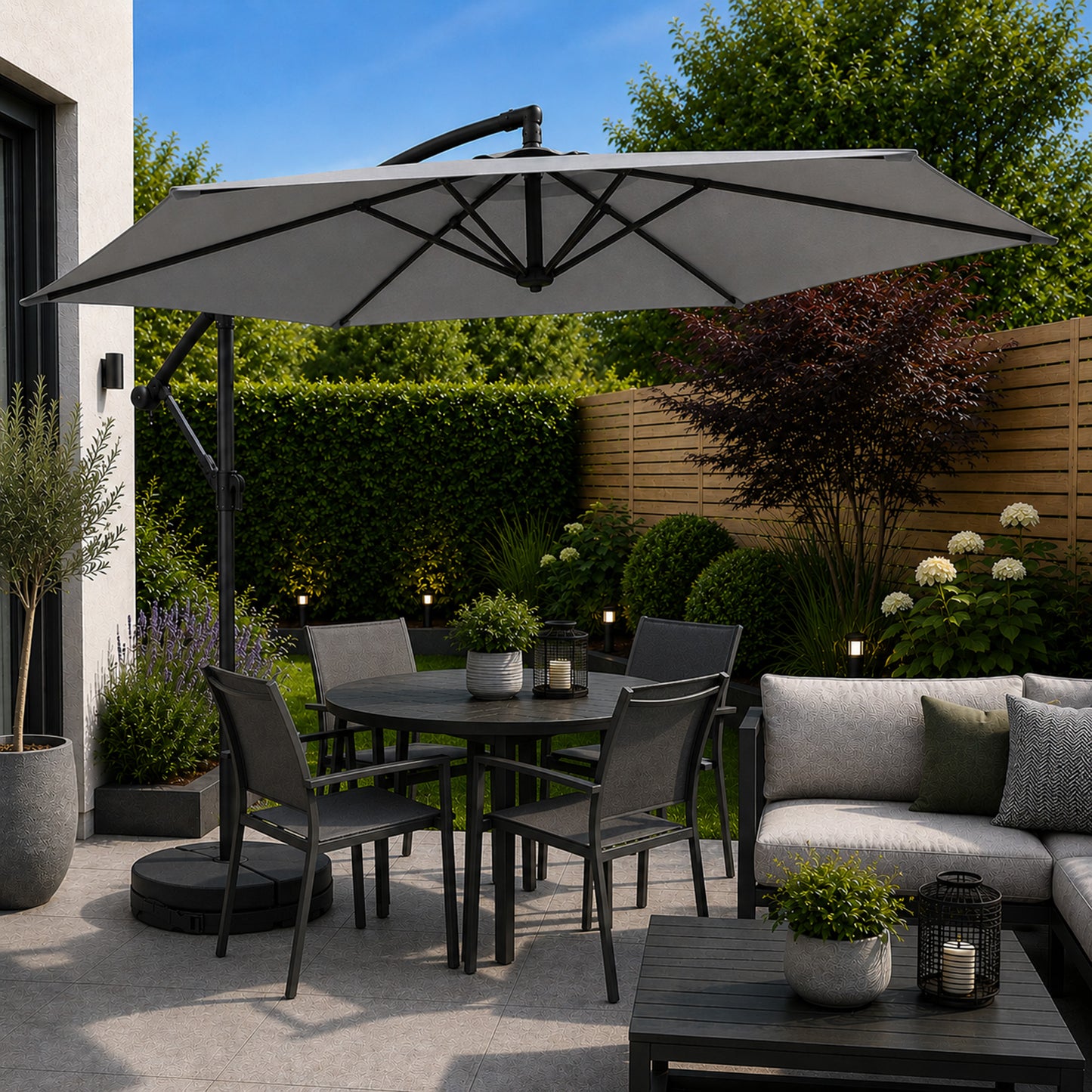 3m Cantilever Banana Garden Parasol with Crank Handle in Grey with Base Bag Included