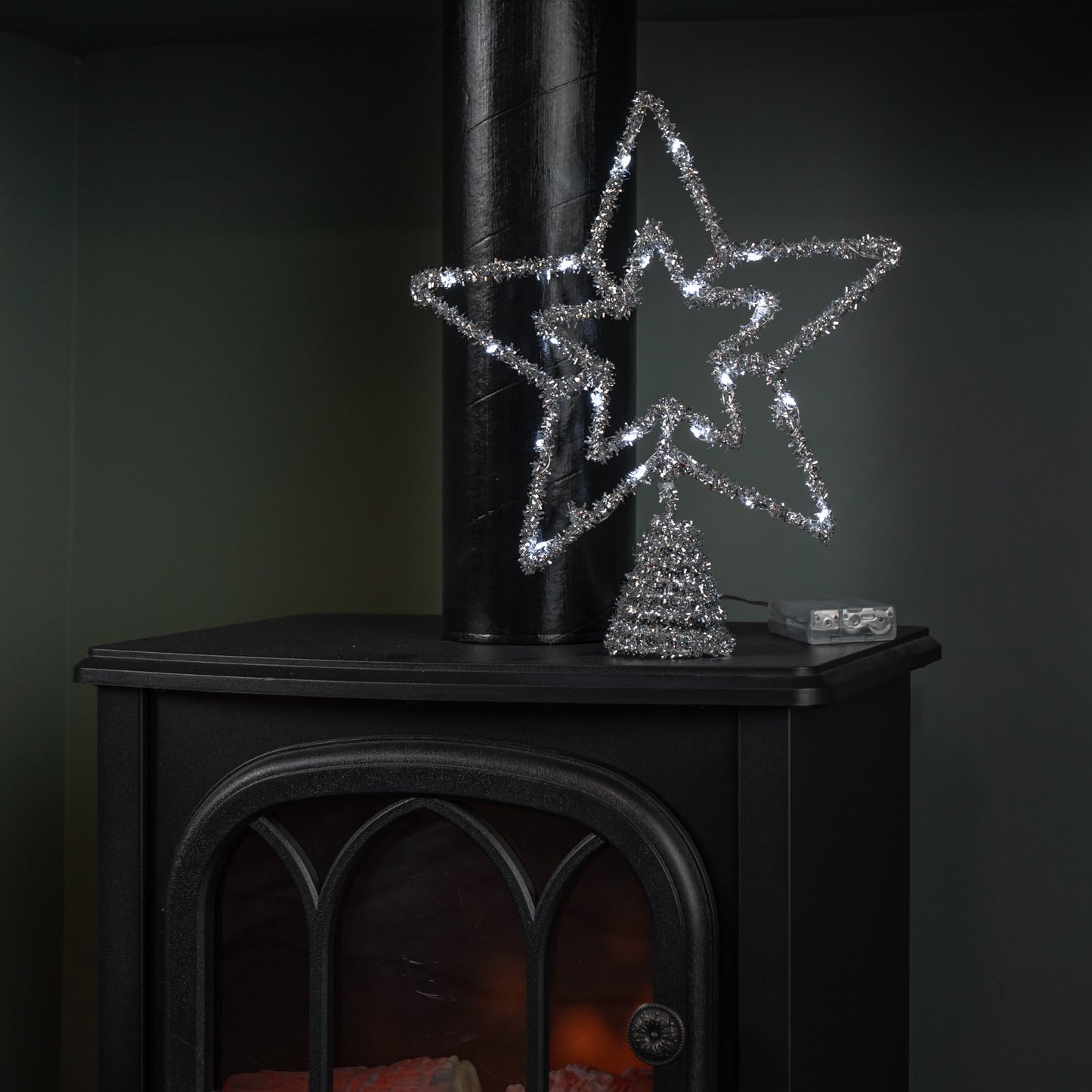 28cm Battery Powered Silver Christmas Star Tree Topper with White Multi-Action LEDs