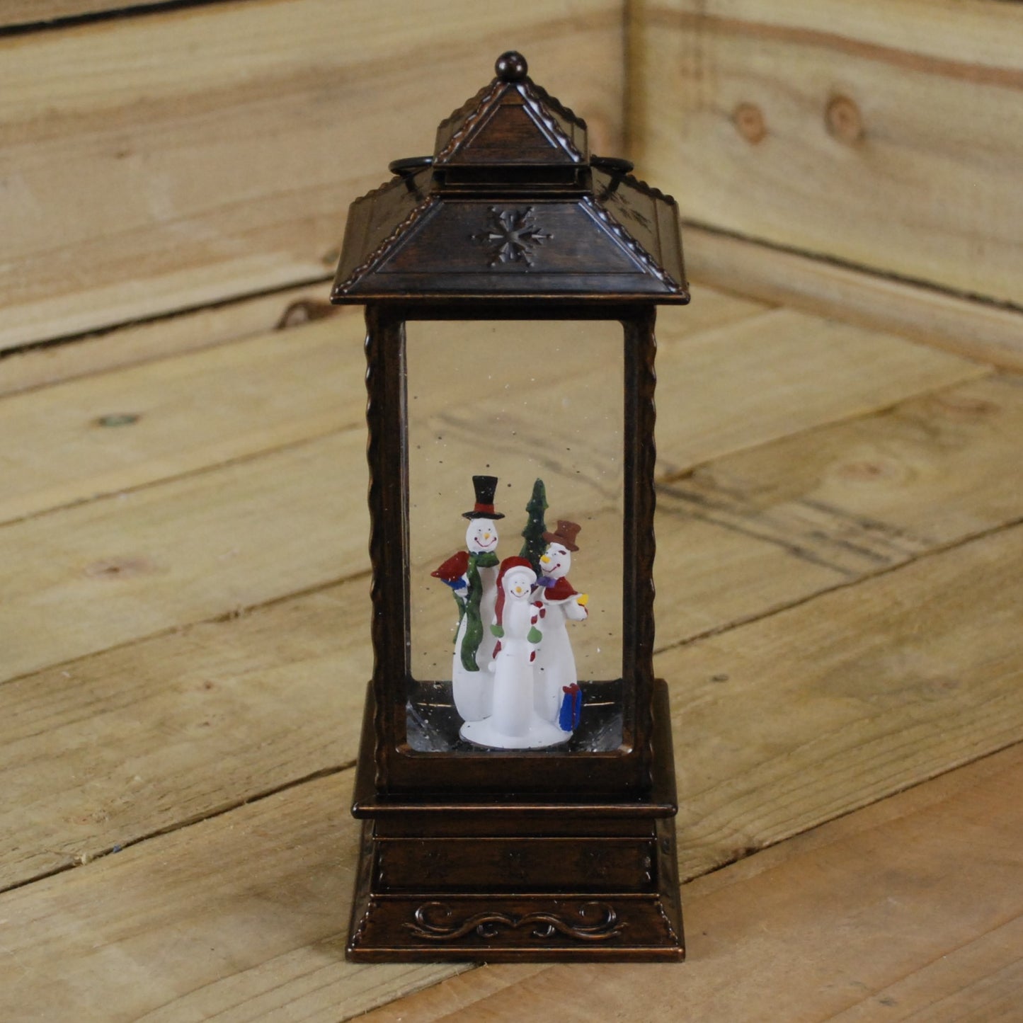 27cm Dual Power LED Christmas Glitter Water Spinner Rustic Lantern Snowman Scene