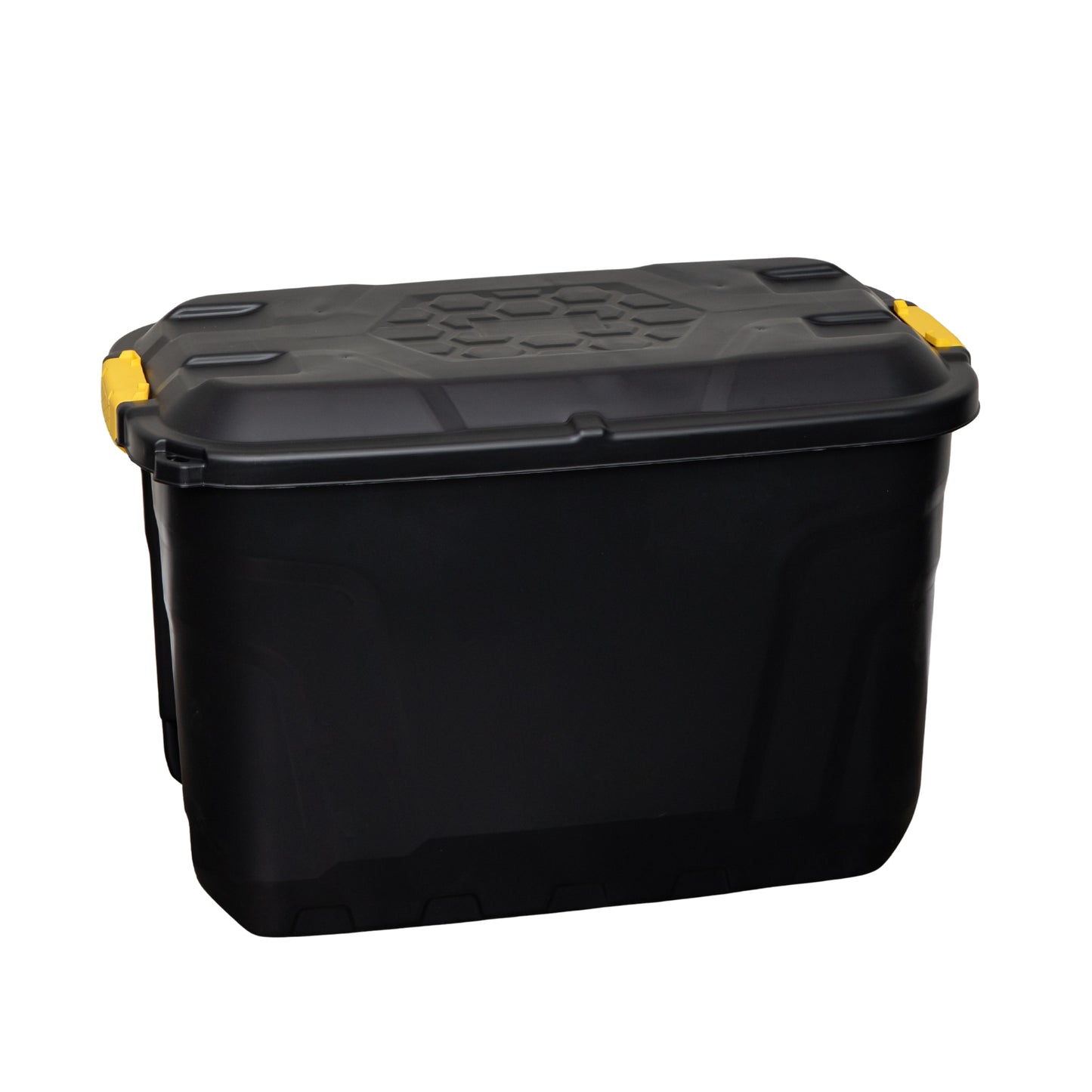 110L Heavy Duty Lockable, Stackable Storage Chest Trunk on Wheels with Clips in Black