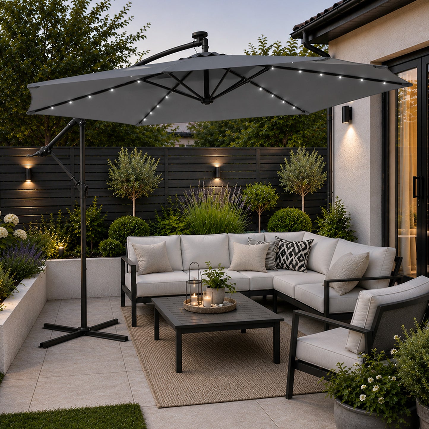 Samuel Alexander 3m Solar Powered Cantilever Lit Garden Parasol with Crank Handle & White LED Lights in Grey