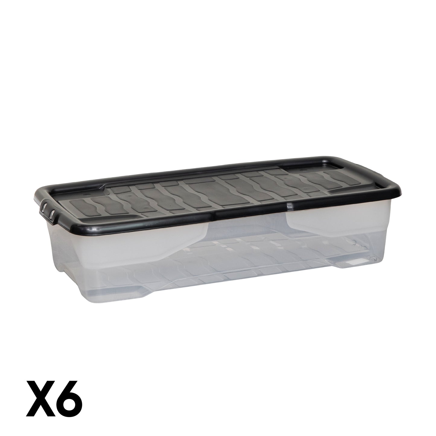 6 x 42L Clear Under Bed Storage Box with Black Lid, Stackable and Nestable Design Storage Solution