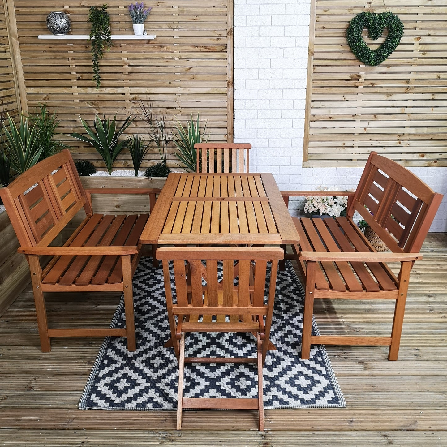 Outdoor 6 Person Folding Rectangular Wooden Garden Dining Table Chairs and 2 Benches Set