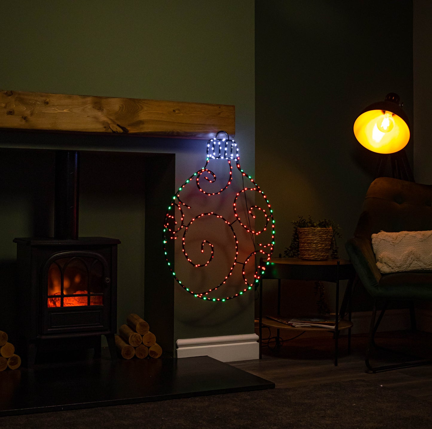 78cm Metal Hanging Christmas Bauble with 245 Static & Twinkling LEDs in Red & Green