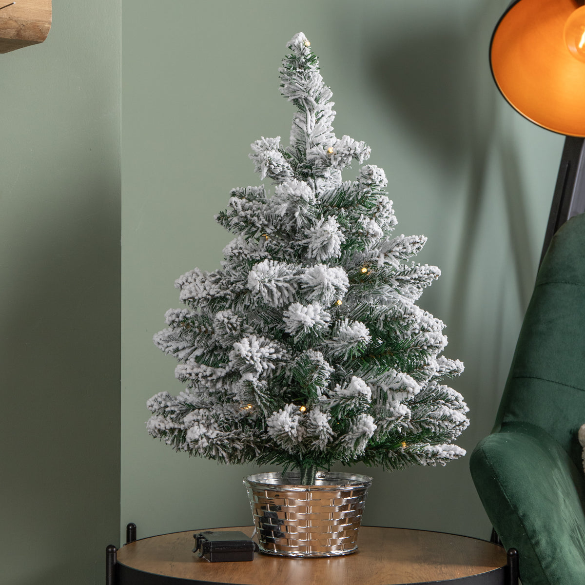 2ft (60cm) Pre Lit Battery LED Snow Flocked Miniature Christmas Tree with Timer