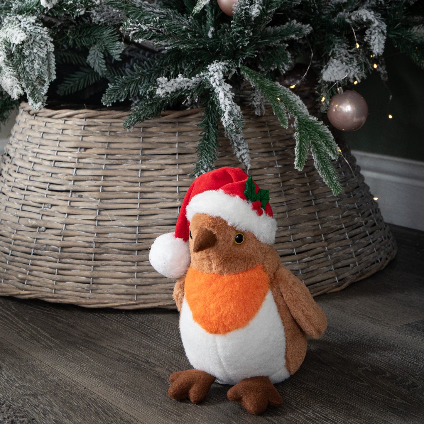 23cm Plush Christmas Robin Decoration with Santa Hat