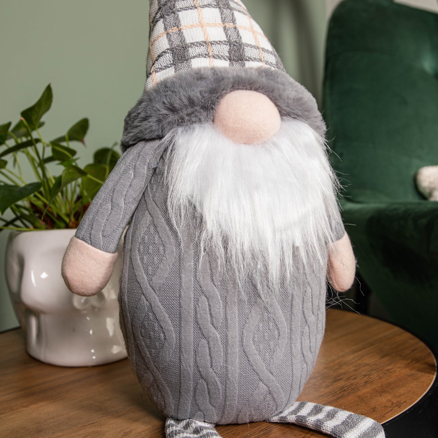 73cm Grey Sitting Christmas Gonk Decoration with Tartan Hat and Dangly Legs