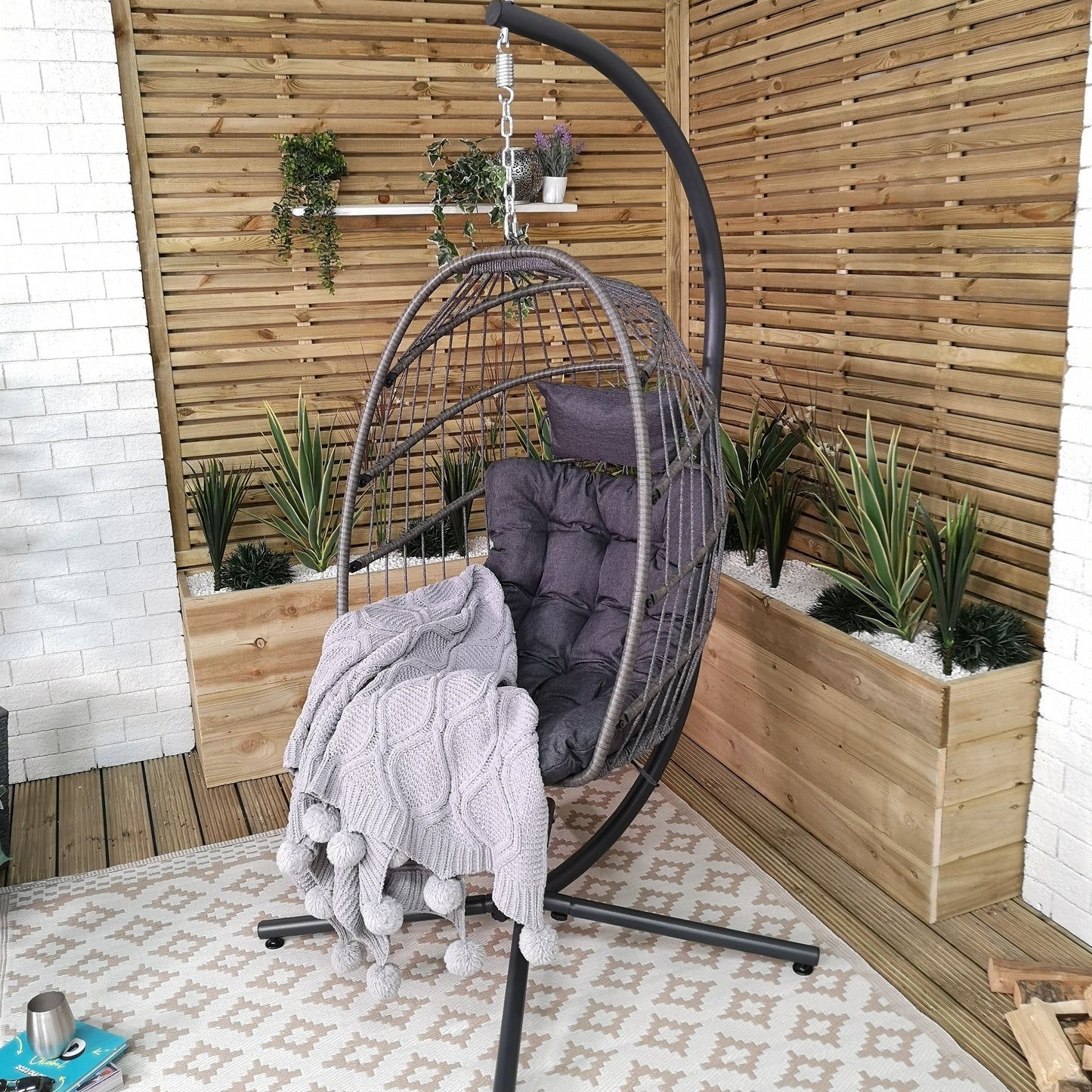 Factory Seconds: Samuel Alexander Grey Hanging Egg Chair With Stand Waterproof Cover And Cushions Steel Frame Rattan Outdoor Swing Chair Garden Seat Hammock Balcony Conservatory Furniture
