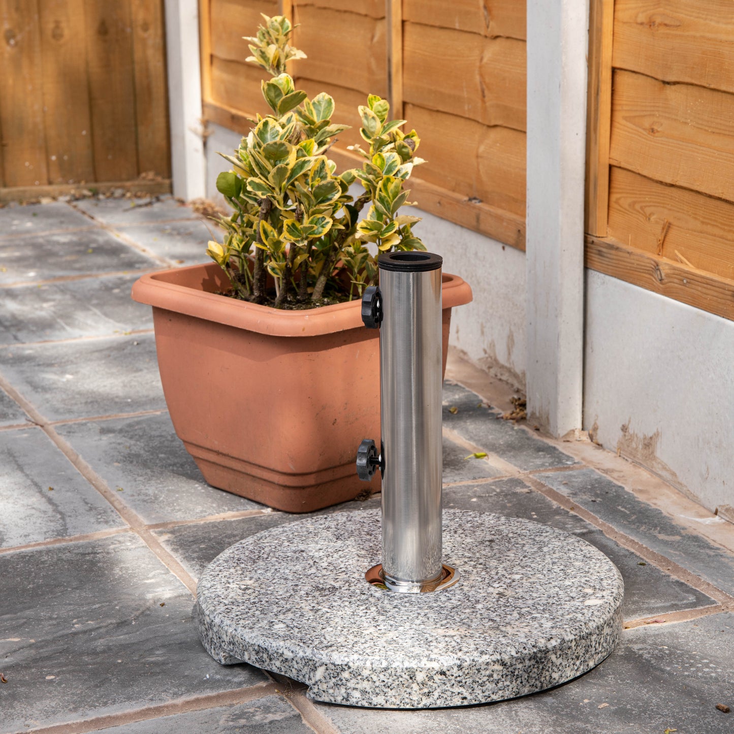 15kg Round Granite Garden Parasol / Umbrella Base Weight Stainless Steel Pole