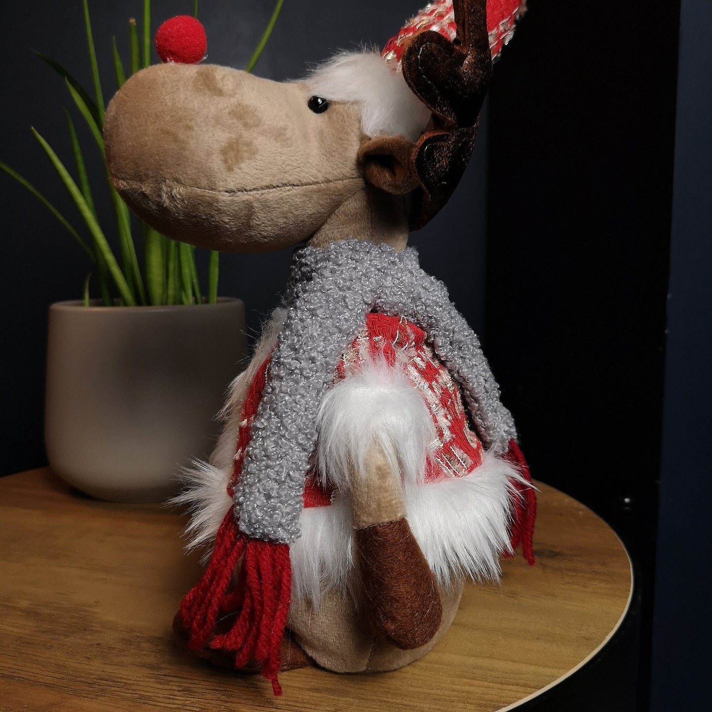 38cm Plush Reindeer Christmas Decoration with Hat and Scarf in Red