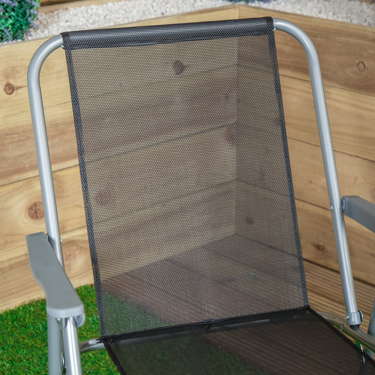 2 x Foldable Garden Chairs Fixed position garden chairs with grey frame and black fabric