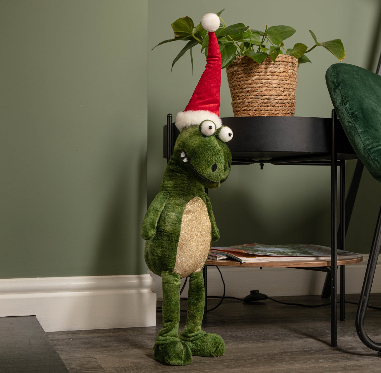 60cm Green Standing Christmas Dinosaur with Santa Hat