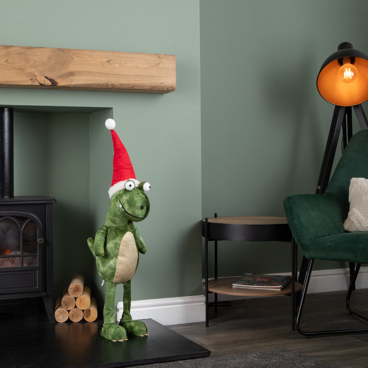 85cm Tall Green Plush Big Lizard Dino Standing Christmas Decoration with Santa Hat