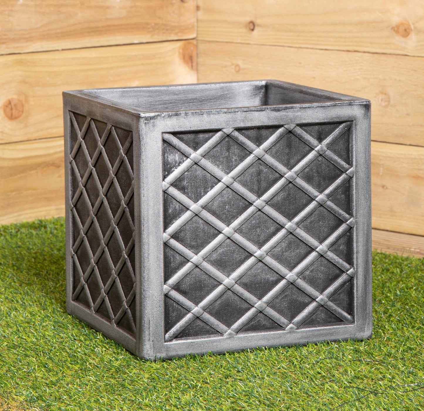 30cm Small Square Plastic Pewter Effect Grey Garden Patio Planter