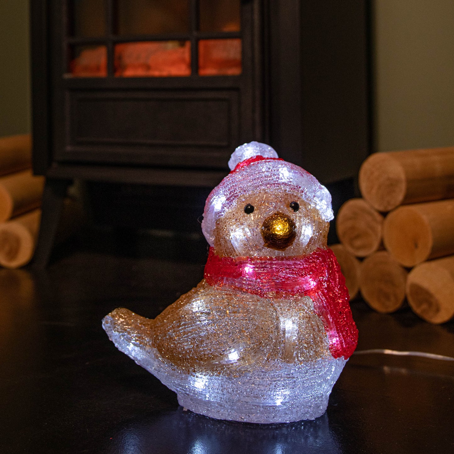 19cm Battery Operated Light up Acrylic Christmas Robin Decoration with 24 White LEDs