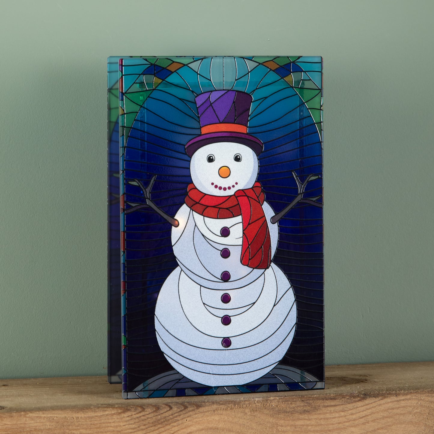 21cm Battery Operated Light up Double Sided Stained Glass Snowman Decoration with LEDs