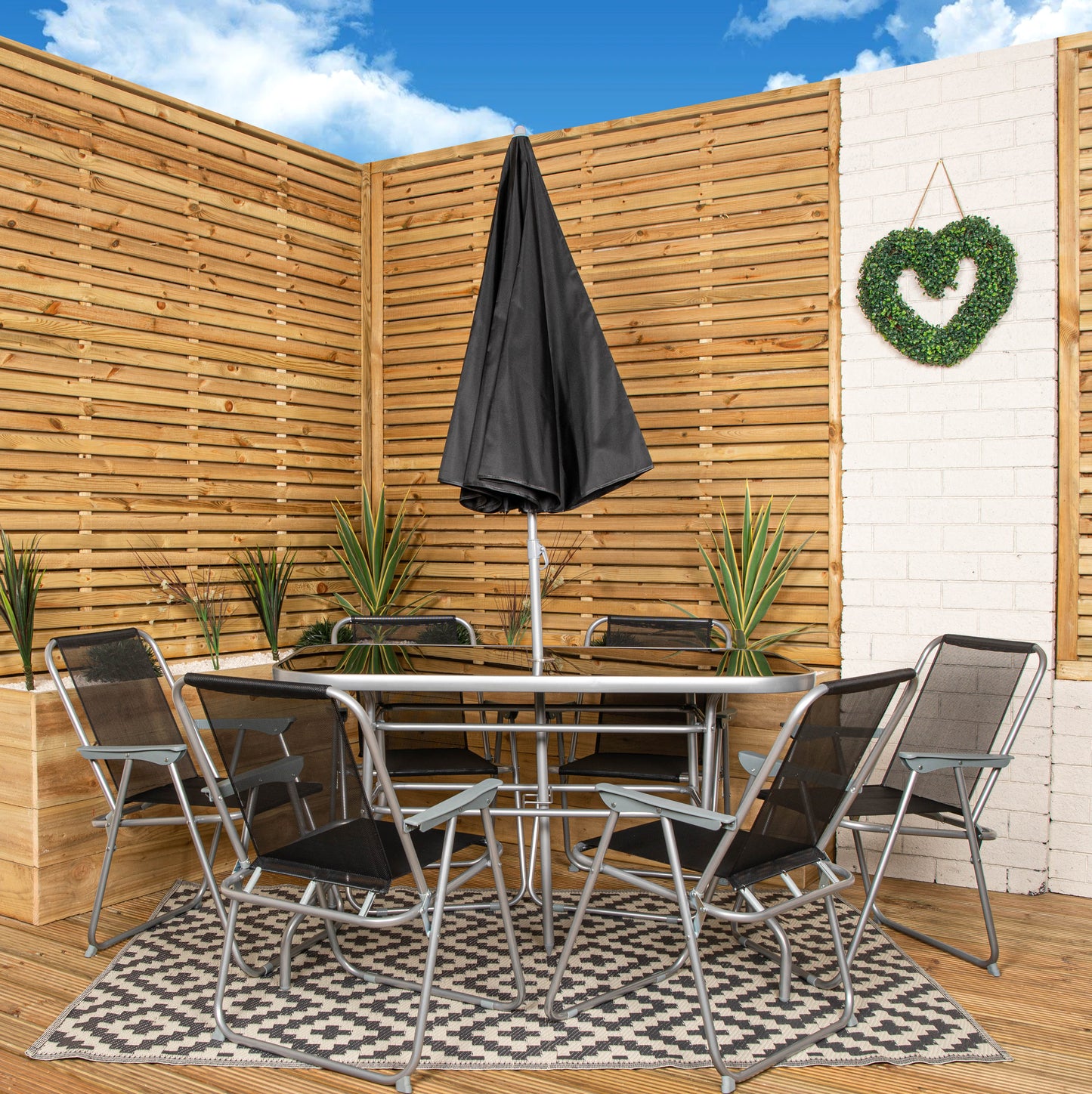 6 Person Garden Furniture Patio Set Table, 6 Chairs & Parasol with Black Glass