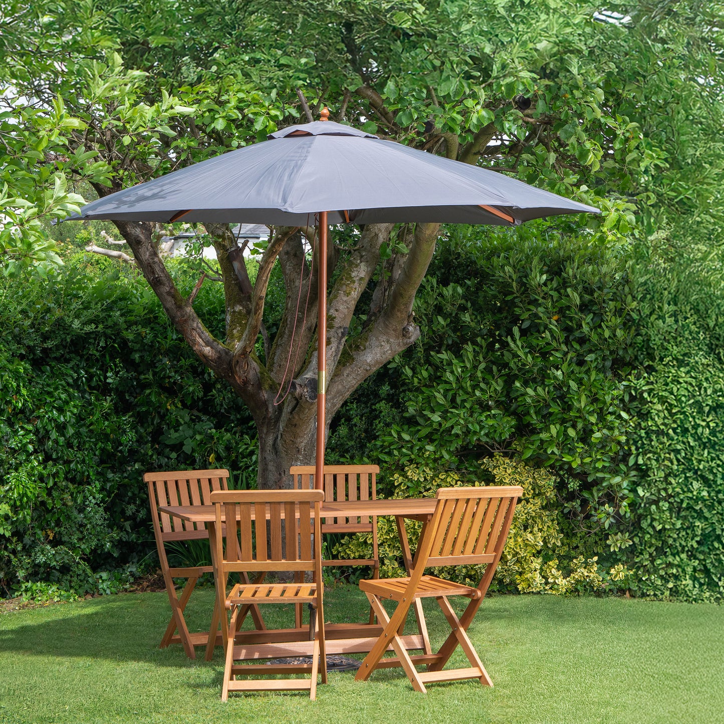 Outdoor 4 Person Folding Rectangular Wooden Garden Dining Table Chairs Grey Parasol and Base Set