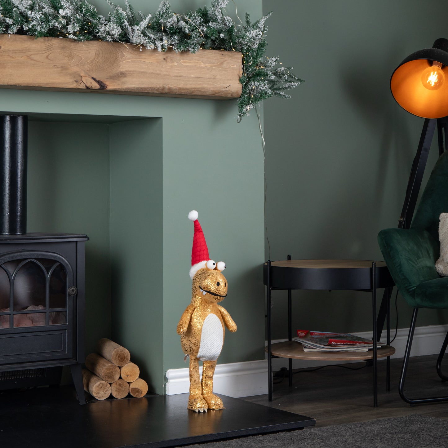 60cm Gold Plush Tyrone-Rex Dino Standing Christmas Decoration with Santa Hat