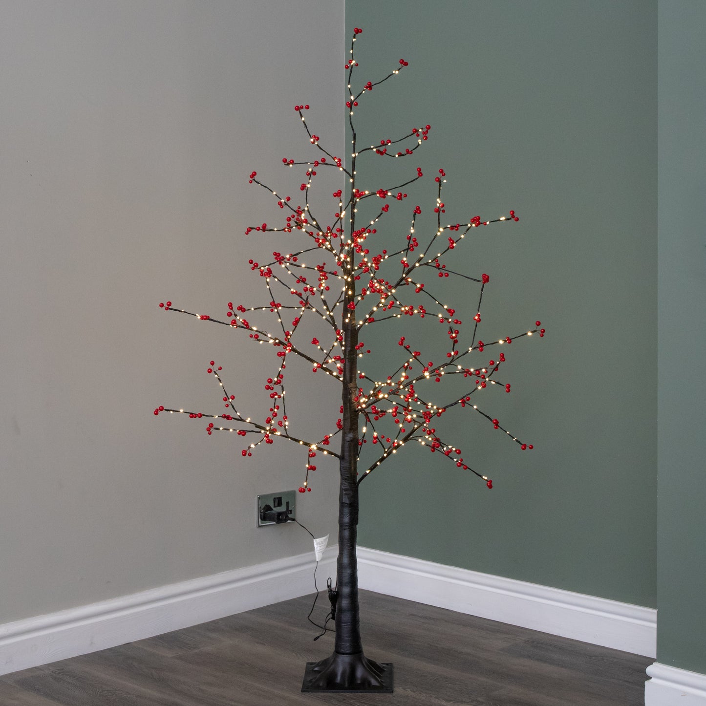 5ft (1.5m) Light up Black Christmas Twig Tree with Red Berries & Warm White LEDs