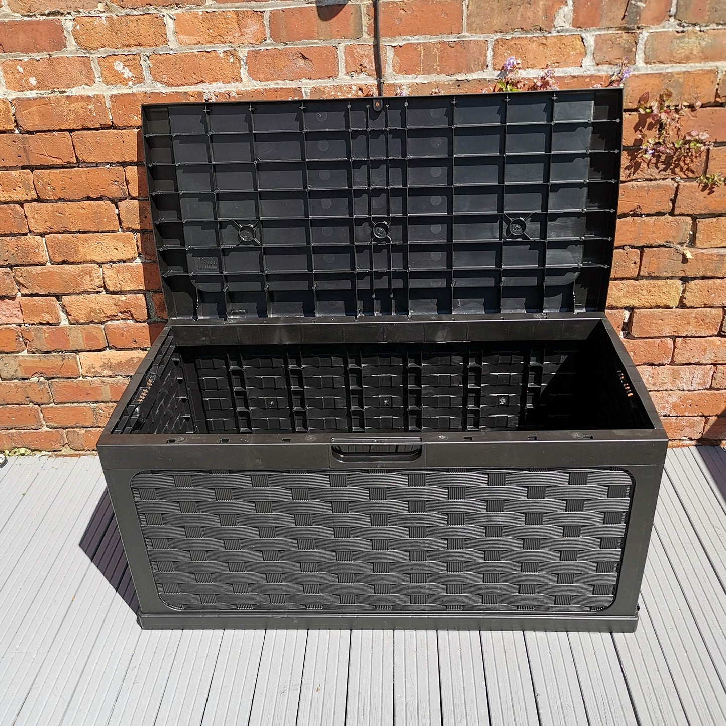 Factory Seconds: 335 Litre Rattan Style Garden Cushion Storage Box with Sit on Lid – Black