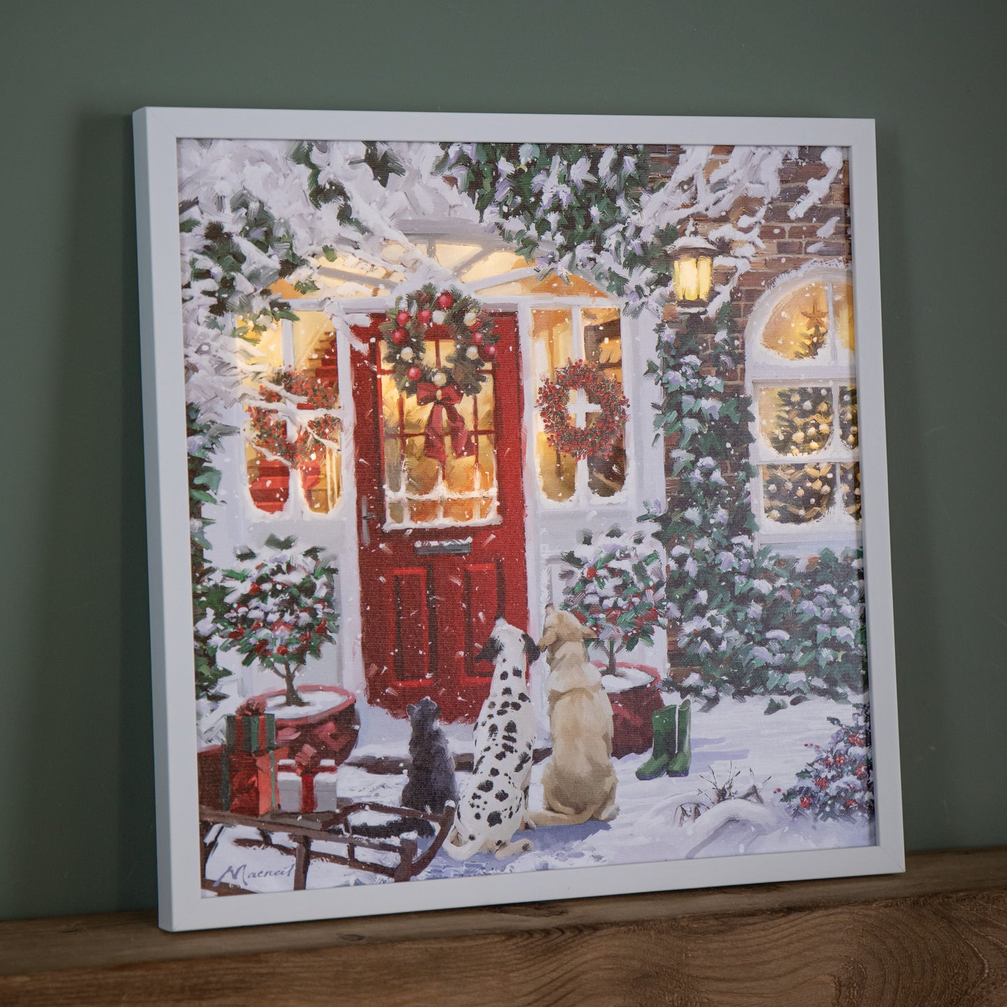 40 x 40cm Battery Operated Light up Framed Christmas Canvas with Red Door & Warm White LEDs