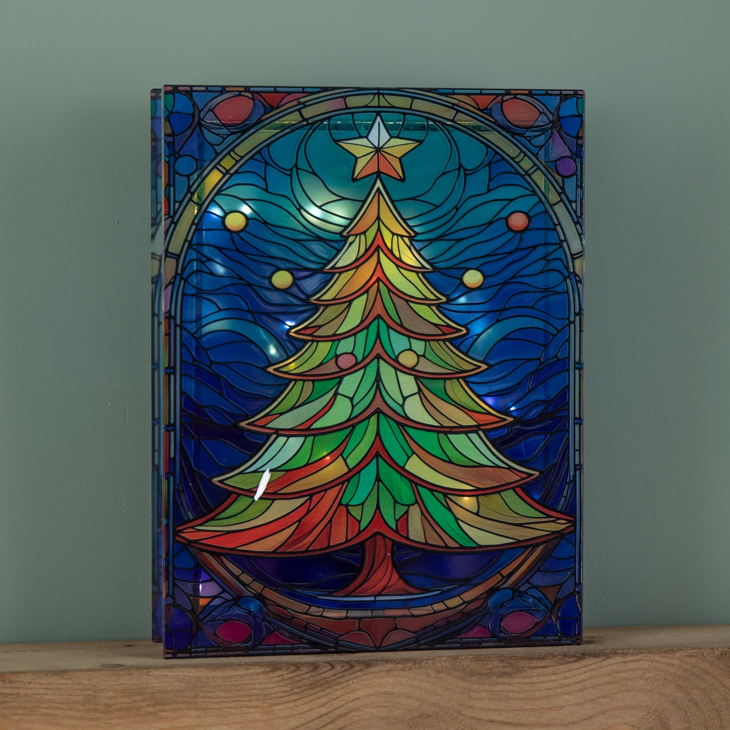28cm Battery Operated Light up Christmas Tree Stained Glass Decoration with LEDs