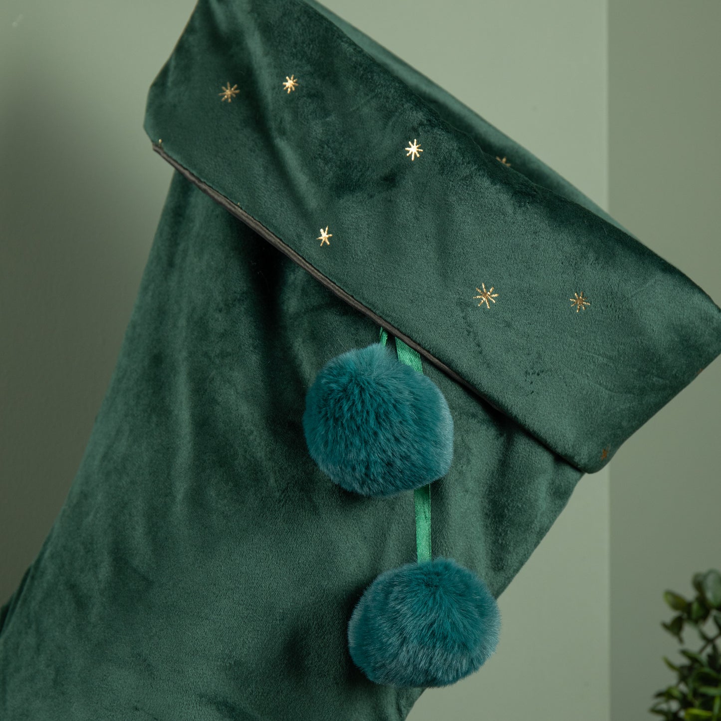 70cm Hanging Dark Green Velour Star Print Christmas Stocking with Pom Poms