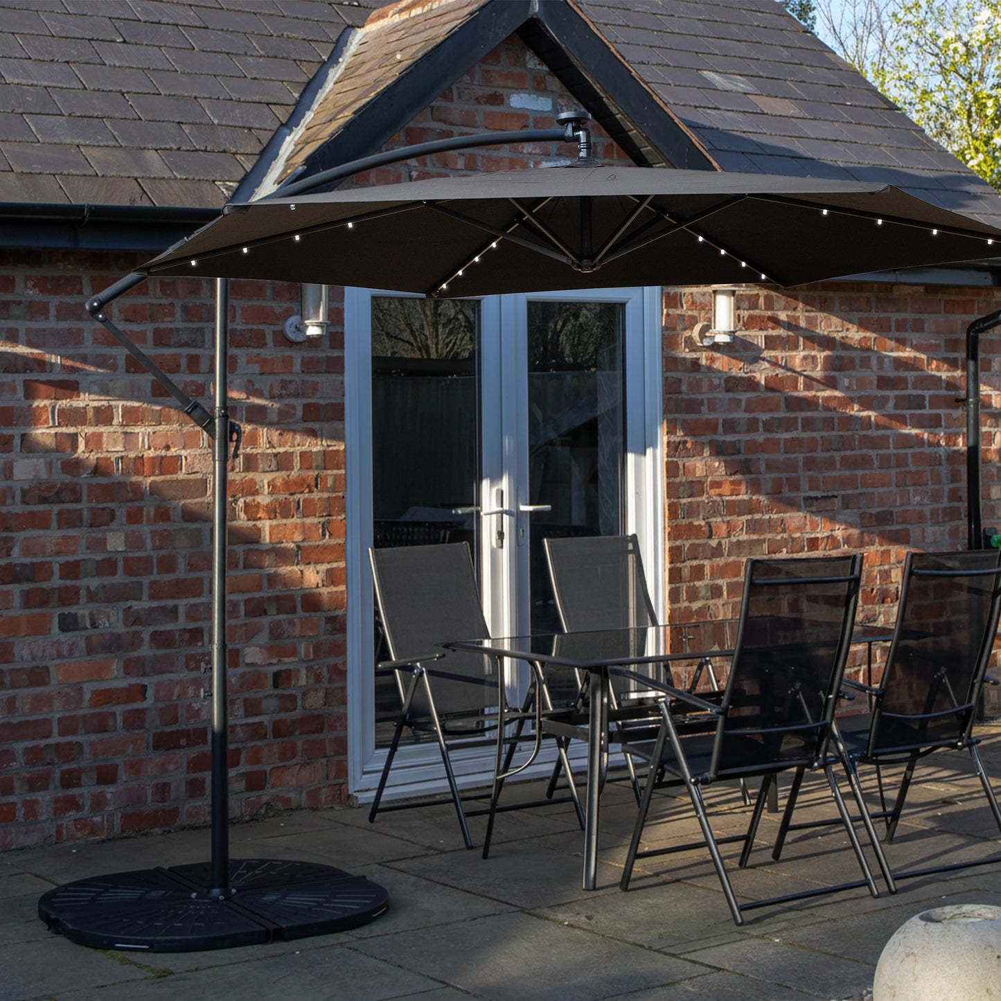 Outdoor 4 Person Rectangular Glass Top Garden Dining Table Chairs With Grey Banana Lit Parasol and Base Set