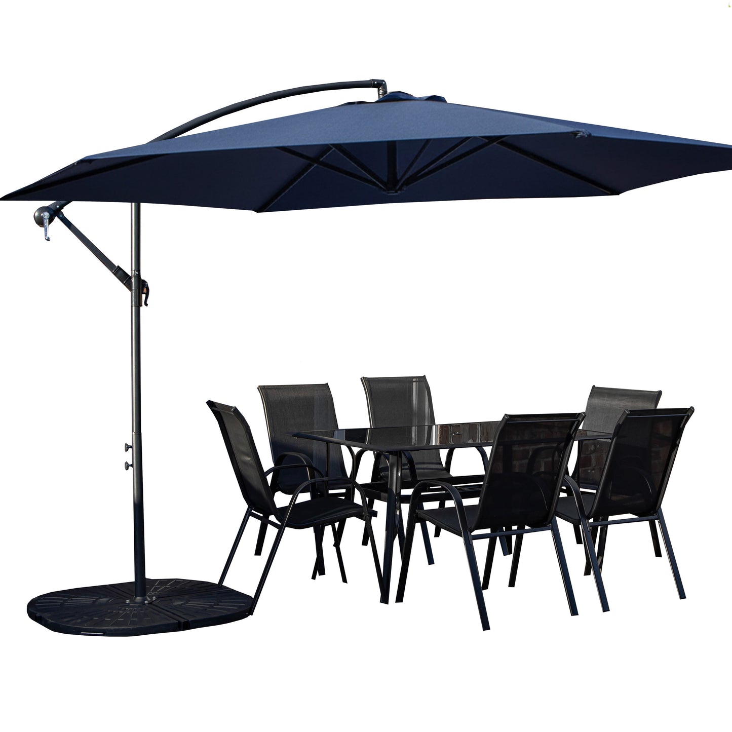 Outdoor 6 Person Rectangular Glass Top Garden Dining Table Chairs With Blue Banana Parasol and Base