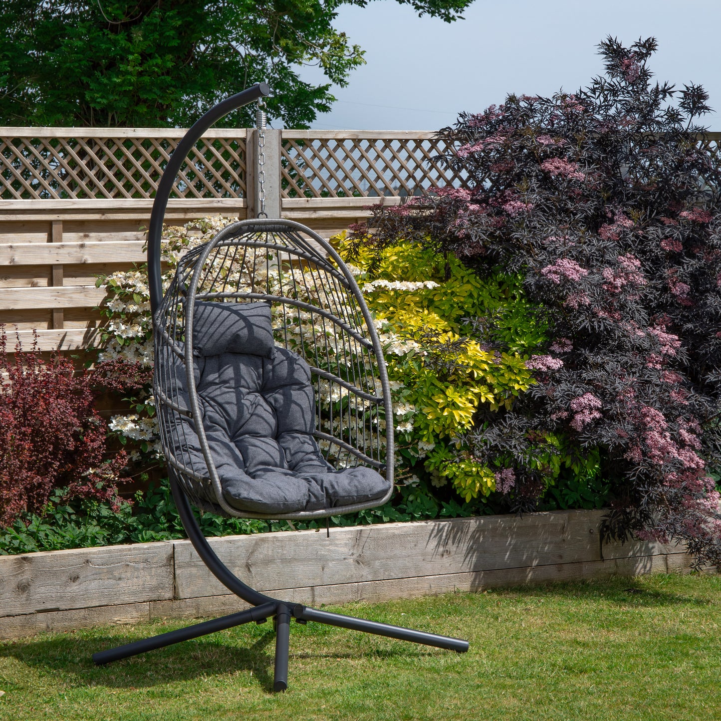 Grey Hanging Egg Chair With Stand & Waterproof Cover