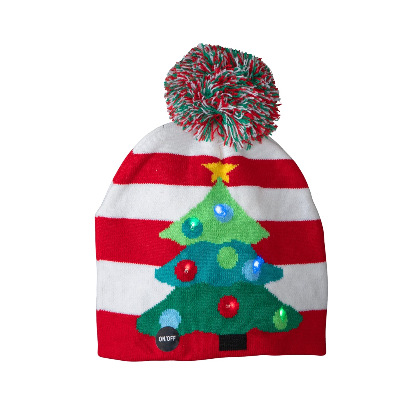 Light up Flashing Party Beanie Festive Hat with Christmas Tree & Multi-Coloured LEDs