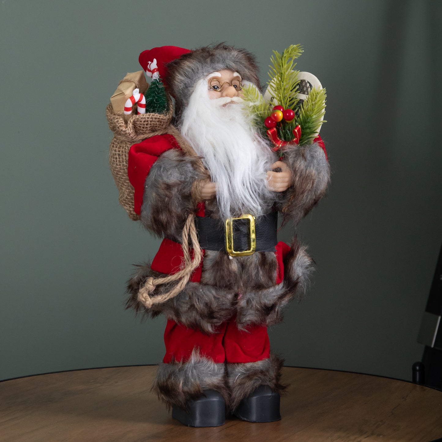 30cm Standing Traditional Santa Claus Christmas Decoration with Gift Sack