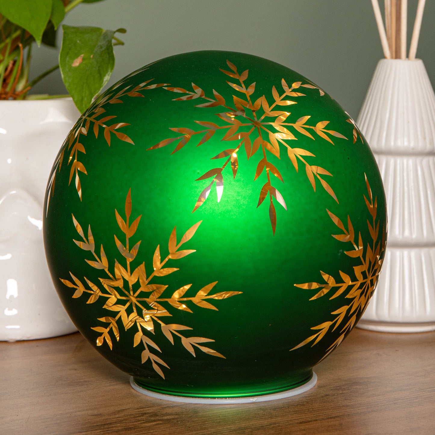 15cm Battery Operated Light up Snowflake Glass Ball in Green with Warm White LEDs