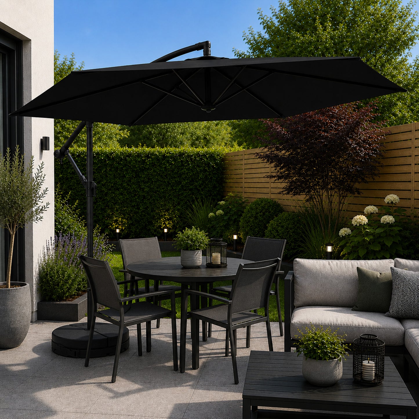3m Cantilever Banana Garden Parasol with Crank Handle in Black with Base Bag Included
