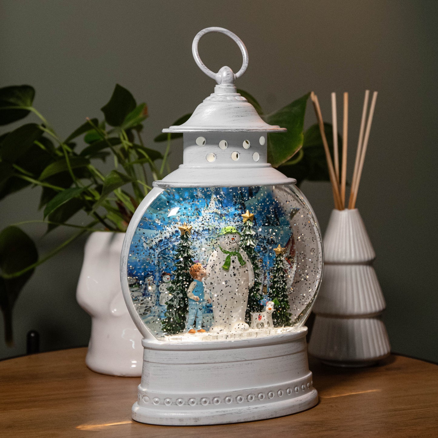 28cm White Light up The Snowman, Snowdog & Billy Christmas Water Spinner with LEDs